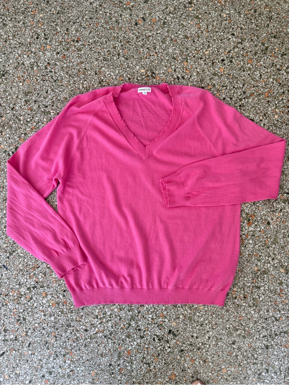 Minnie Rose Frayed Edge Vibrant Pink V-Neck Sweater